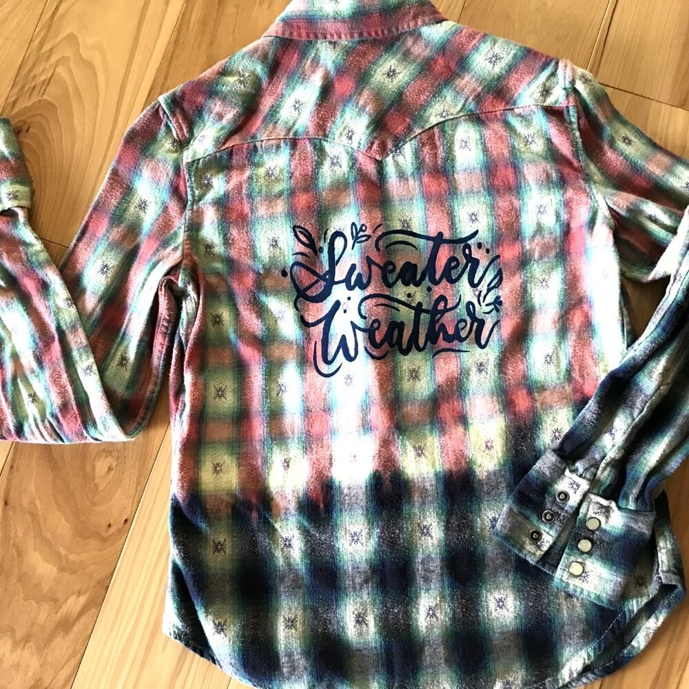 Ombre Bleached Flannel Shirt Upcycled Painted Sweater Weather Size Small - Picture 5 of 13
